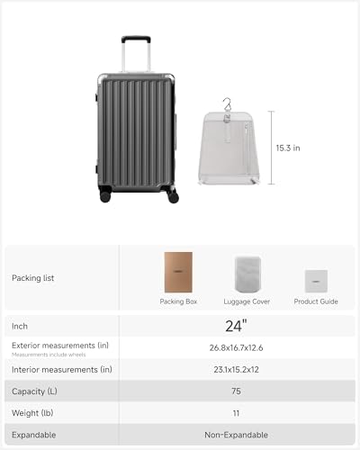 LUGGEX 24 Inch Zipperless Checked Luggage, Charcoal Metallic - color: Charcoal Metallic, size: 24 Inch