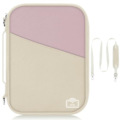 RFID 차단 기능이 있는 여행용 가족 여권 홀더, 여행 필수품 정리함 파우치 백, 여행용 가벼운 여권 지갑, 여성 및 남성용 필수 액세서리, 베이지+핑크 2, 경량 - color: 베이지+핑크 2, size: 라지