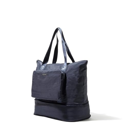 Baggallini Carryall Expandable Lightweight Travel Tote 22" Packable Folding Compact Nylon Washable Weekender w/Luggage Sleeve - color: French Navy