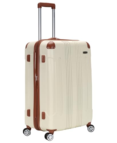 Rockland London Hardside Expandable Spinner Wheel Luggage, Checked Large 28", White - color: White with Brown Trim, size: Checked 28"