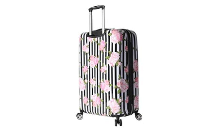 Betsey Johnson 26 Inch Checked Luggage Collection - Expandable Scratch Resistant (ABS + PC) Hardside Suitcase - Designer Lightweight Bag with 8-Rolling Spinner Wheels (Stripe Roses) - color: Stripe Roses