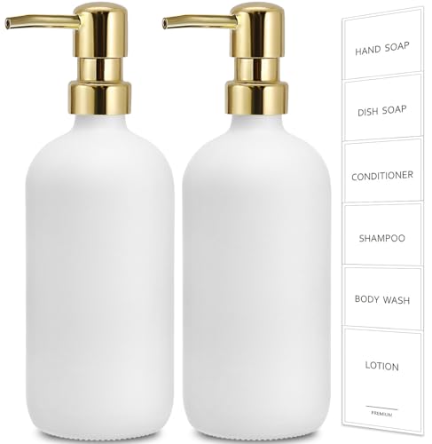 GMISUN White Soap Dispenser, 2 Pack Glass Hand Soap Dispensers Bathroom with Gold Pump, 17 Fl Oz Dish Soap Dispenser Set for Kitchen, Refillable Modern Liquid Soap and Lotion Dispensers Bottle - color: White Bottle + Golden Pump, size: 2 Pack