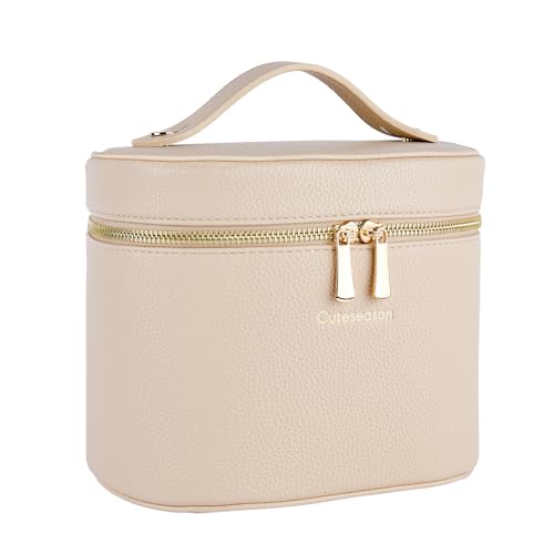 Makeup Bag with Removable Organizer Insert, PU Leather Travel Cosmetic Case with Brush Storage and Carry HandleLight Khaki - color: Light Khaki