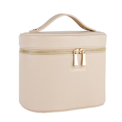 Makeup Bag with Removable Organizer Insert, PU Leather Travel Cosmetic Case with Brush Storage and Carry HandleLight Khaki - color: Light Khaki