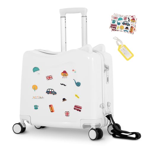 20" Kids Ride-On Suitcase with Rope, Carry-On Luggage with TSA Lock - color: White