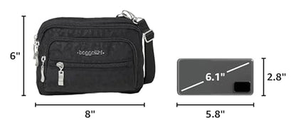 Baggallini Triple Zip Small Crossbody Bag for Women - Lightweight Convertible Fanny Pack Belt Bag - color: Black Cheetah, style: Slim Strap