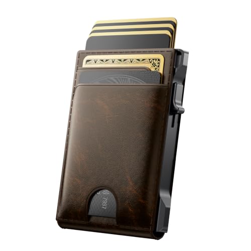 Wallet for Men Card Holder: Pop Up Card Case, Genuine Leather, Smart, RFID Blocking, Slim, Minimalist, Thin, Front Pocket - 12 Card Capacity, ID Window, Money Clip (Bronze) - color: Bronze