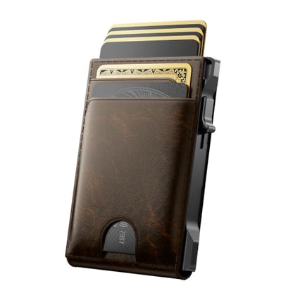 Wallet for Men Card Holder: Pop Up Card Case, Genuine Leather, Smart, RFID Blocking, Slim, Minimalist, Thin, Front Pocket - 12 Card Capacity, ID Window, Money Clip (Bronze) - color: Bronze