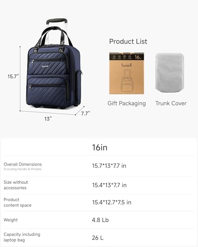 LUGGEX Underseat Carry On Bag, Navy Blue, 16" - color: Navy Blue, size: Underseat 16 inch