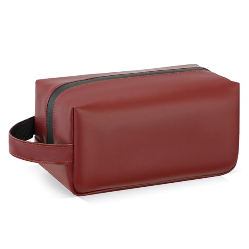 Leather Toiletry Bag for Men, Hanging Travel Toiletry Bag Dopp Kit | Water Resistant Bathroom Organizer with Waterproof Zipper & Handle - color: Wine Red
