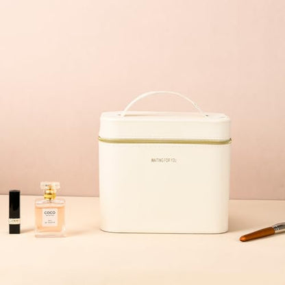 Luxury Hard white makeup box, Portable leather hard cosmetic case with mirror, Sturdy train case make up box for women adults. (Monolayer - white - color: MIX-2