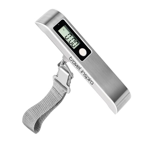 travel inspira Digital Luggage Scale – Portable Hanging Suitcase Weight Scale for Travel, 110 lb Capacity, Backlit LCD Display, Prevents Airport Overweight Fees, Battery Included - color: White Stainless steel
