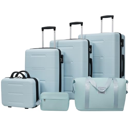 Merax 6 Piece Luggage Set,Hardshell Travel Suitcase Set,Light Blue - color: Light Blue, size: 6 Piece(20/24/28/DB/TB)