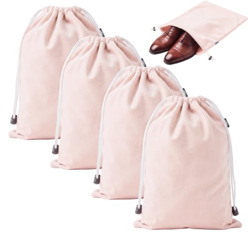 4 Pack Flannel Cloth Shoe Bags for Travel & Packing for Women & Men - color: Light Pink