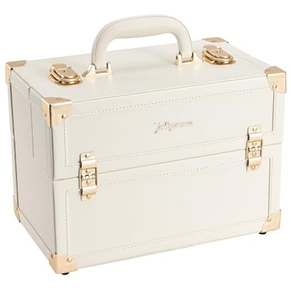 Joligrace Makeup Train Case Large Portable Cosmetic Makeup Storage Box Organizer Lockable with 4 Tray Compartments Retro Champagne Beige Vegan Leather