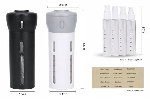 Travigo 4-in-1 Travel Dispenser Bottle Set, TSA Approved, Leak Proof, Reusable 1.4 oz. (40 mL) Toiletry Containers for Shampoo, Conditioner, Soap, Lotion, Skincare (2 Pack, Black & Gray) - color: Combo (Black Gray)
