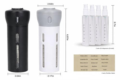 Travigo 4-in-1 Travel Dispenser Bottle Set, TSA Approved, Leak Proof, Reusable 1.4 oz. (40 mL) Toiletry Containers for Shampoo, Conditioner, Soap, Lotion, Skincare (2 Pack, Black & Gray) - color: Combo (Black Gray)