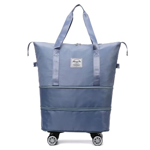 Travel Tote Bag with Trolley Sleeve Expandable Extra Duffel Bag with Wheels Lightweight Traveling Foldable Suitcase - color: Blue