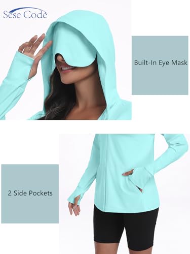 SeSe Code UPF 50+ Hoodie With Eye Mask Womens Zip Up Travel Jackets - color: Lake Blue, size: X-Large