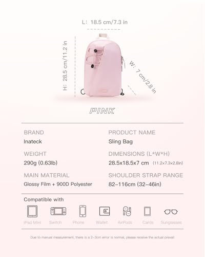 Inateck Sling Bag X-Row with RFID Blocking, Spacious Crossbody Shoulder Chest Everyday Carry Bag with Quick-adjust Strap, Water-resistant Sling Backpack for Men, Women, Travel, Cycling, Hiking, Pink - color: Pink