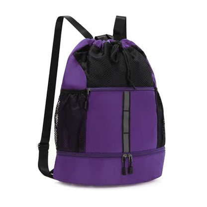 Valleycomfy Drawstring Gym Bag Sports Backpack With Shoe Compartment Purple - color: Purple08