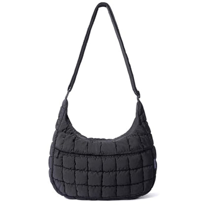 Puffer Crossbody Hobo Bag for Women Nylon Quilted Purse Lightweight Shoulder Handbag with Adjustable Strap - color: 02-black