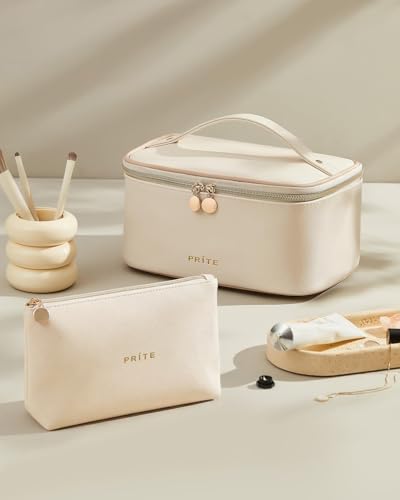 Prite Makeup Bag Travel Cosmetic Case, Toiletry Bag Organizer, Beige Set - color: Beige Set