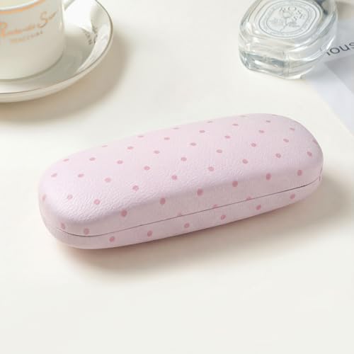 Glasses Case Hard Shell, Cute Sunglasses Case for Women Leather Protective Case for Eyeglass with Cleaning Cloth - color: Pink Polka Dot