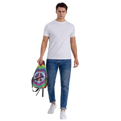bassyil Tie Dye Peace Sign Rainbow Sling Bag Crossbody Travel Hiking Chest Backpack Shoulder Daypack for Women Men - color: Tie Dye