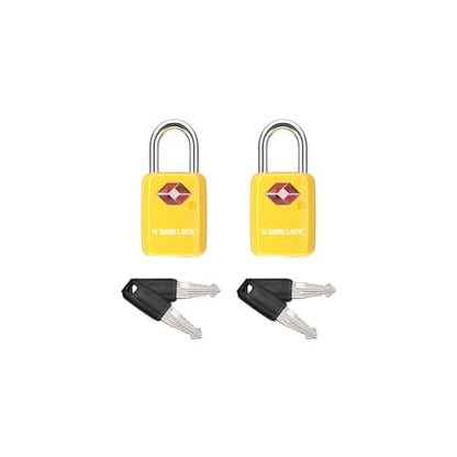 SURE LOCK Mini TSA Approved Keyed Luggage Lock – One Key Opens All, Fits Tight Zipper Gaps & Small Pull Holes, Compact Travel Lock for Suitcases, Backpacks & Handbags - color: YELLOW 2 LOCKS