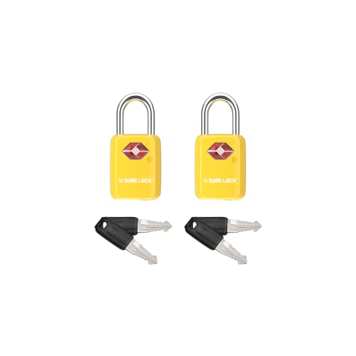 SURE LOCK Mini TSA Approved Keyed Luggage Lock – One Key Opens All, Fits Tight Zipper Gaps & Small Pull Holes, Compact Travel Lock for Suitcases, Backpacks & Handbags - color: YELLOW 2 LOCKS
