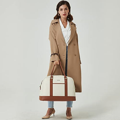 BOSTANTEN Weekender Bags for Women Travel Genuine Leather Overnight Bags - color: A-Beige&Brown