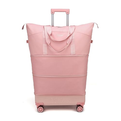 Rolling Duffle Bag with Wheels and Handle, Expandable Foldable Carry On Luggage with Removable Wheels, Personal Item Travel Bag, Lightweight Duffel Tote for Gym Hospital Weekender (Blush Pink) - color: Blush Pink
