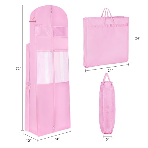 Zilink 72" Wedding Dress Garment Bag Bridal Gown Garment Bag Wedding Dress Travel Bag with 12”Gusseted and Accessory Pockets for Wedding Dress, Puffy Gowns [Upgraded Version] - color: Pink