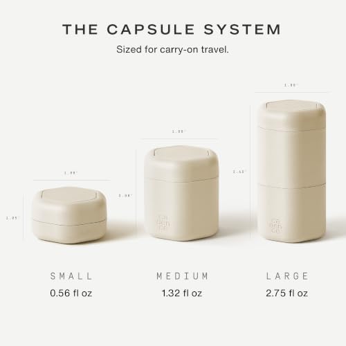 Cadence Travel Containers - 6pk (2 Small, 0.56oz + 4 Medium, 1.32oz), Sand - TSA Approved, Leak Proof Full Body Care Capsule Set - Lotion (2), Body Wash, Sun Icon, Hand Cream, Body Oil Labels - color: Sand, size: Bodycare (Set of 6)