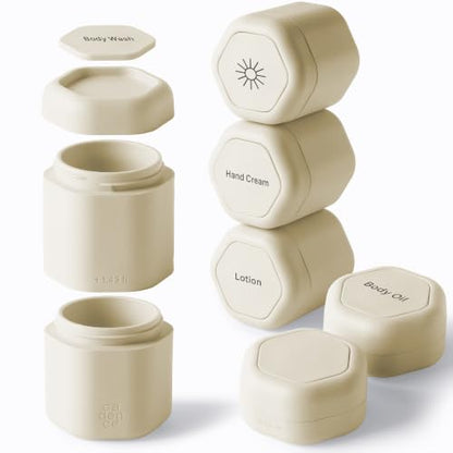 Cadence Travel Containers - 6pk (2 Small, 0.56oz + 4 Medium, 1.32oz), Sand - TSA Approved, Leak Proof Full Body Care Capsule Set - Lotion (2), Body Wash, Sun Icon, Hand Cream, Body Oil Labels - color: Sand, size: Bodycare (Set of 6)