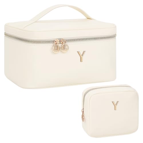 Custom Cosmetic Bag for Women Vacation Weekend Trips & Everyday Use Beige Y | Initial Large Travel Cosmetic Case for Women with Metal Letter Design, Spacious Toiletry Organizer with Divider & Handle - size: Y