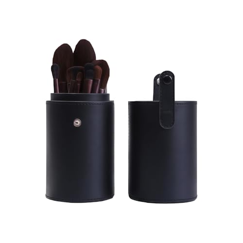 QUUPY Black PU Leather Makeup Brush Holder Organizer with Lid Portable Makeup Tools Large Capacity Case Organizer Cylinder Storage Box Bag(without brush) - color: Black