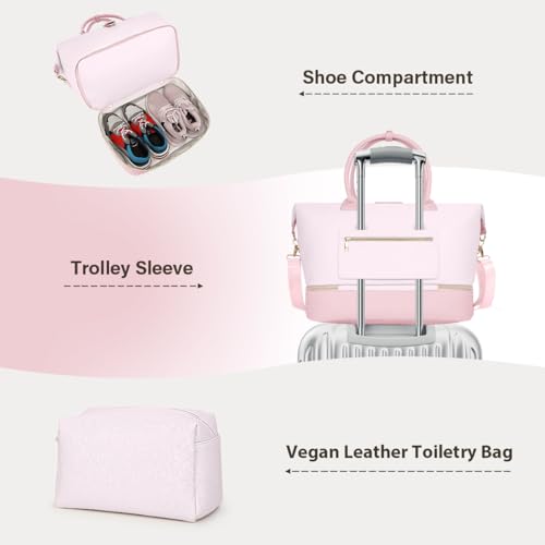 Leather Weekender Bags for Women, Travel Duffel Bag PU Overnight Bag Carry On Tote Bag with Shoe Compartment Wet Pocket - color: Pink, size: X-Large