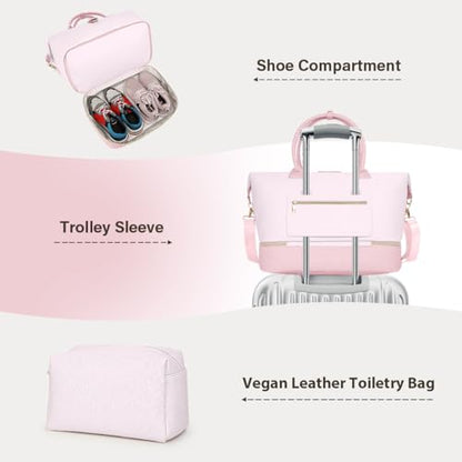Leather Weekender Bags for Women, Travel Duffel Bag PU Overnight Bag Carry On Tote Bag with Shoe Compartment Wet Pocket - color: Pink, size: Large