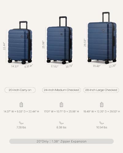 Coolife Luggage Set, Lightweight Durable Hardshell, 3 piece, Navy Blue - color: Navy Blue