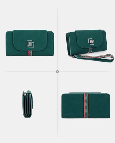 FADEON Leather Wallets for Women, Designer Large RFID Blocking Trifold - color: Dark Green Nubuck Style
