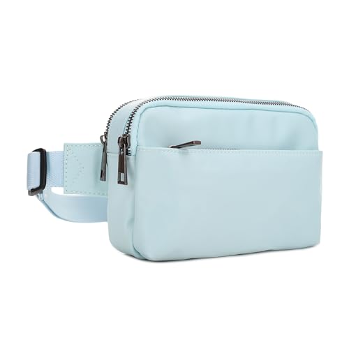 Jessie & James Crossbody Nylon Waist Pack with Adjustable Buckle Strap Fashion Multi Pocket Belt Bag | Light Blue - color: Light Blue