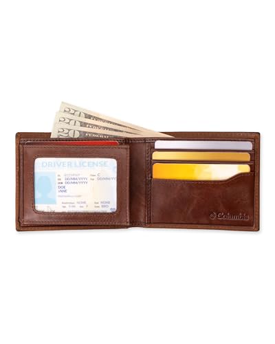 Columbia Mens RFID Slim Bifold Wallet With ID Window Brown Contrast Stitch - color: Brown Contrast Stitch