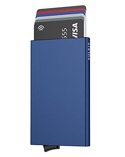 VULKIT Pop Up Wallet, Slim Minimalist Credit Card Holder For Men and Women RFID Blocking Mini Metal Case Navy - color: navy