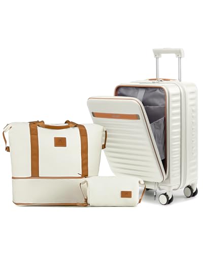 Joyway 20 Inch Carry On Luggage with Front Pocket and Cup Holder, White - color: Beige, size: 2 Piece Set (20 Inch + Bag)