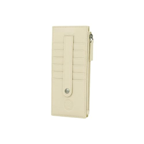 Leatherboss Genuine Leather Women's All in One Credit Business Card Case Holder Slim Zipper Wallet With a Card Protection Strap, Cream - color: Cream