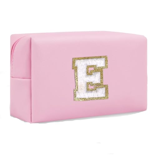 Initial Makeup Bag for Women Gifts, PU Leather Cosmetic Pouch, Pink Style E - color: Pink, style: E