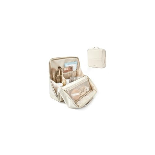 Standing Makeup Bag for Women Large Travel Cosmetic Bags with Compartments - color: Cream White, size: Large