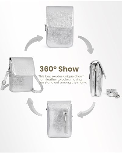 befen Genuine Leather Crossbody Bags for Women, Cell Phone Cross body Purse Bag with RFID Blocking Card Slots - color: Silver